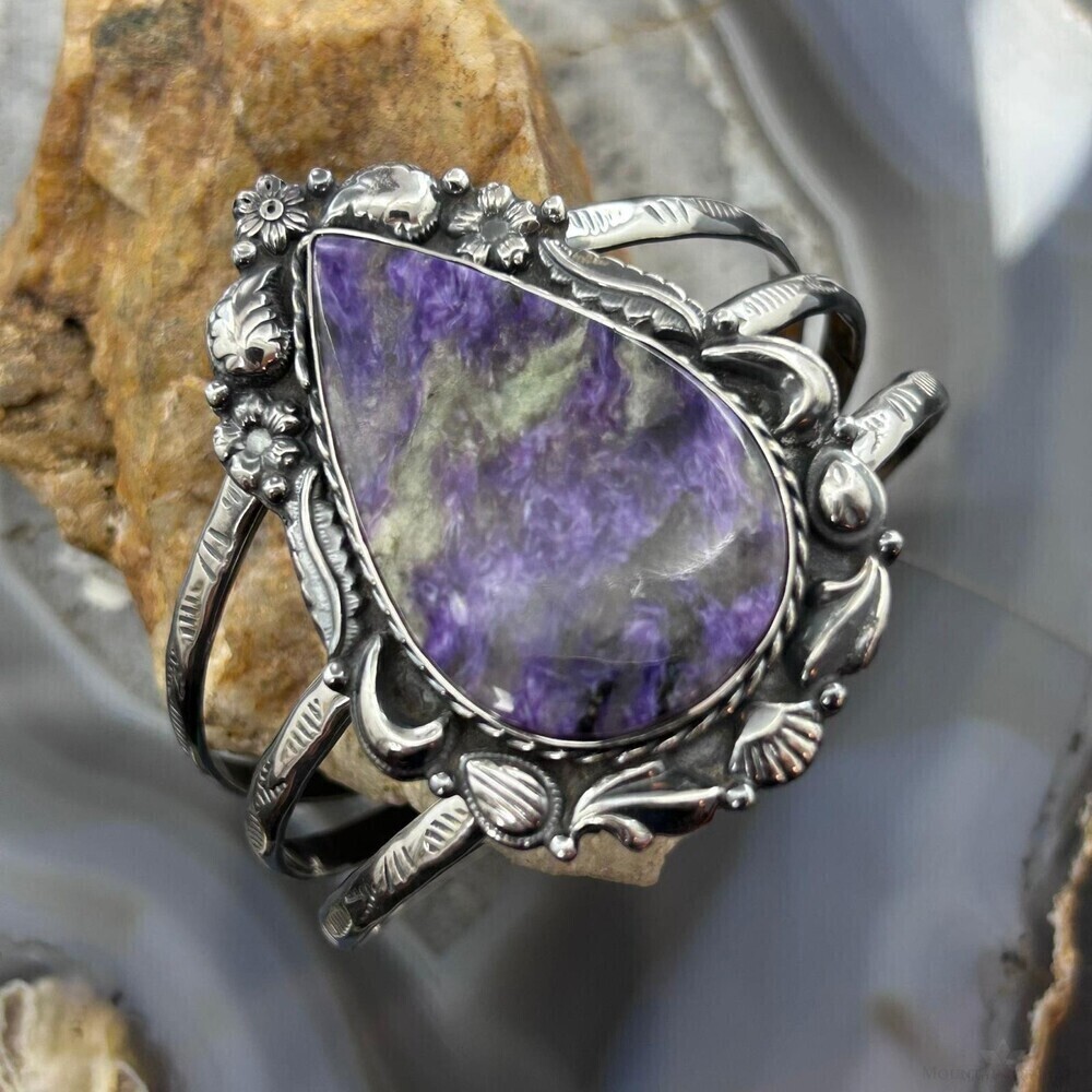Sterling Silver Southwestern Style Large Teardrop Charoite Bracelet For Women